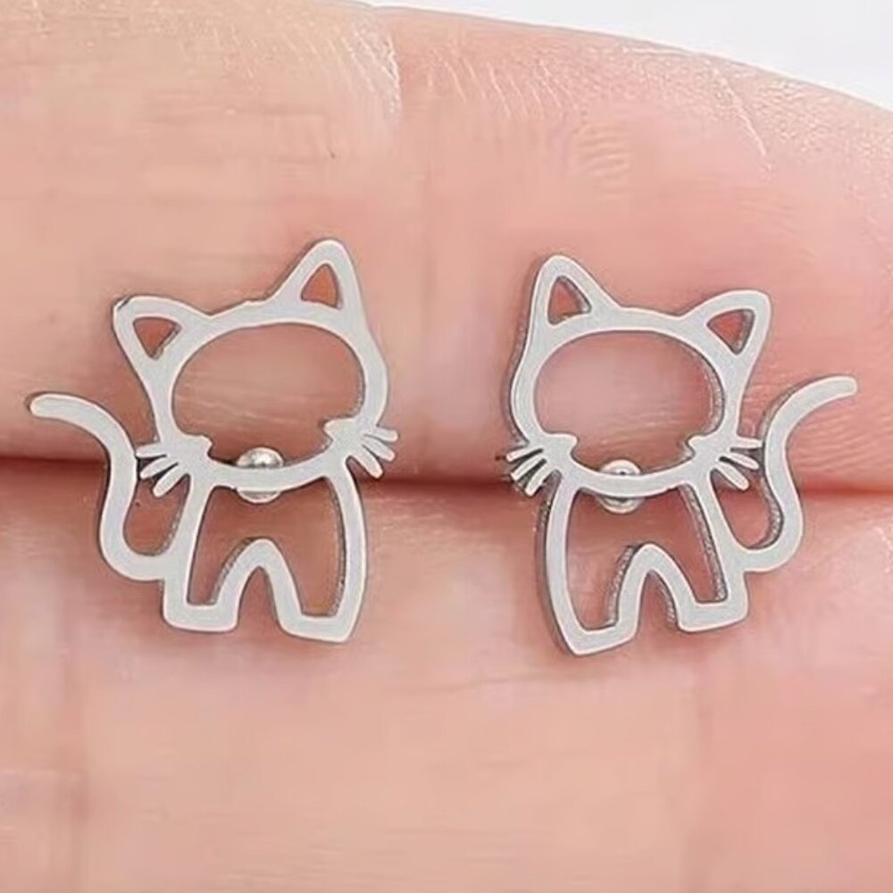 Silver Stainless Steel KITTY CAT Stud Earrings